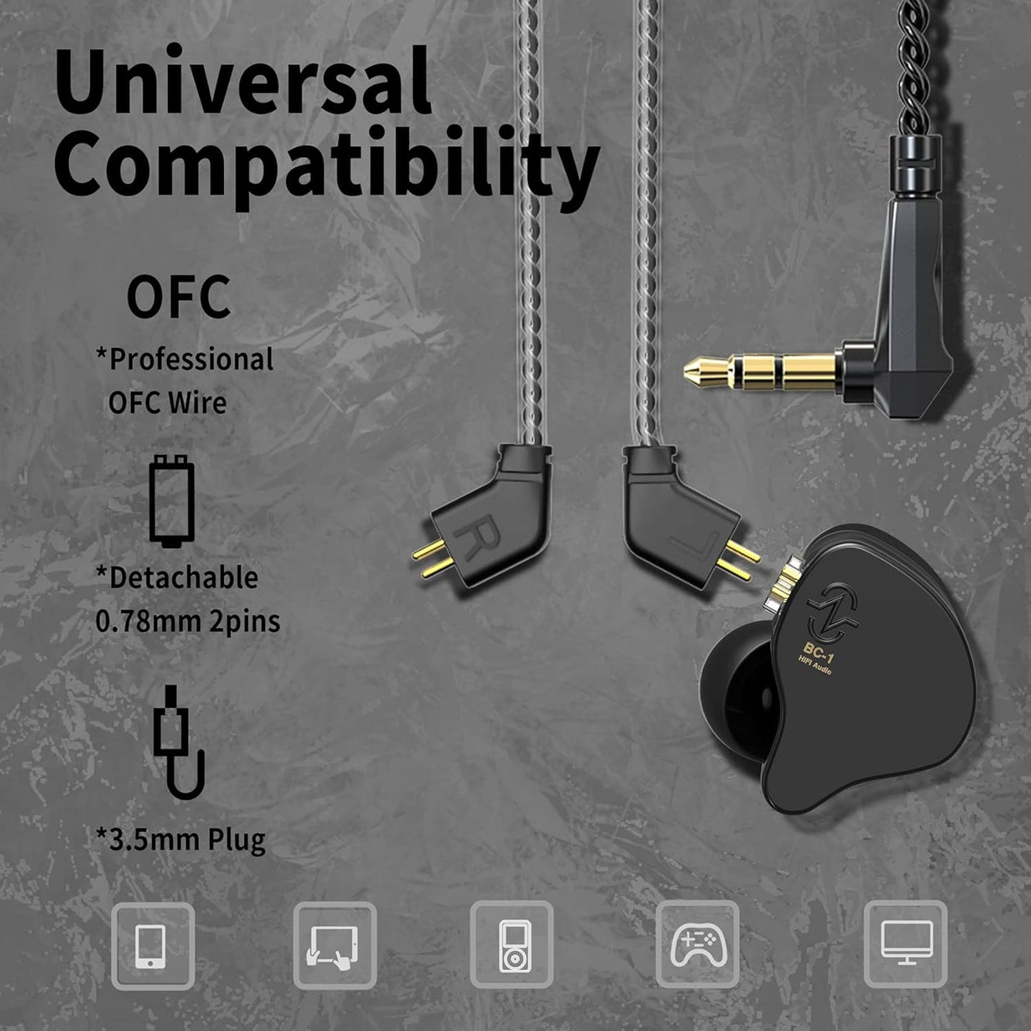 YINYOO CCZ Melody Gaming Earbuds Wired in Ear Hearphones with Microphone IEM HIFI Bass with 1DD 1BA Hybrid, Detachable Cable for Smartphones/PC/Tablet/Gaming/Video/Music/Calling (with mic, dark black)