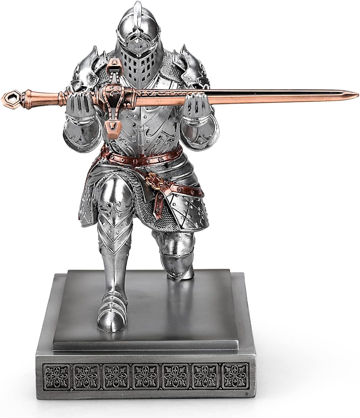 HDMbigmi King's Guard Knight Pen Holder Pen Stand Desk Organizers and Accessories Resin Pencil Holder as Gift with a Metal Sword Letter Opener for Office and Home (Silver)