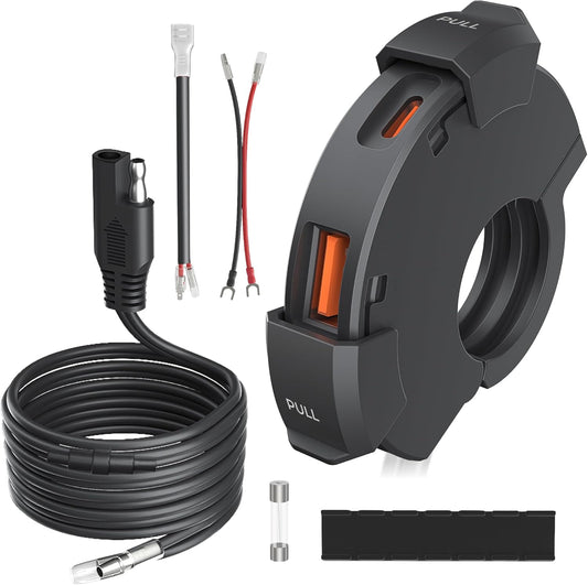 Kaedear Motorcycle USB Clamp, Water Resistant, Fast-Charging, Type A, Type C, PD(30W)+QC3.0(18W), SAE DC 12V, KDR-M3D (??????????Ÿ?)