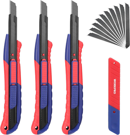 WORKPRO 2-In-1 Safety Utility Knife Retractable Snap-off blade, Metal Box Cutter Set, Razor Knife Exacto Craft Knives, with 10 Extra 9mm Blades, Pack of 3