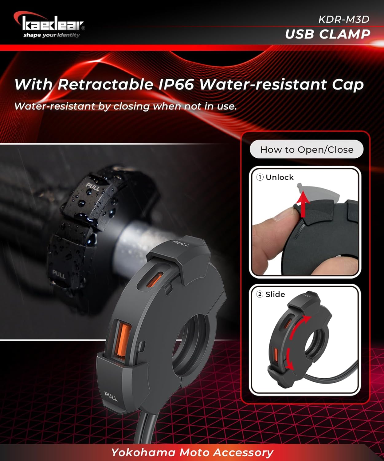 Kaedear KDR-M3D Motorcycle, USB Power Supply, USB Waterproof, Charging, Type A, Type C, 2 Ports, Output PD(30W) + QC3.0 (18W) SAE DC 12V