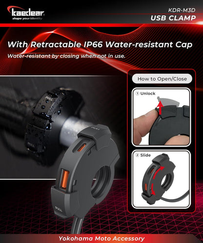 Kaedear KDR-M3D Motorcycle, USB Power Supply, USB Waterproof, Charging, Type A, Type C, 2 Ports, Output PD(30W) + QC3.0 (18W) SAE DC 12V