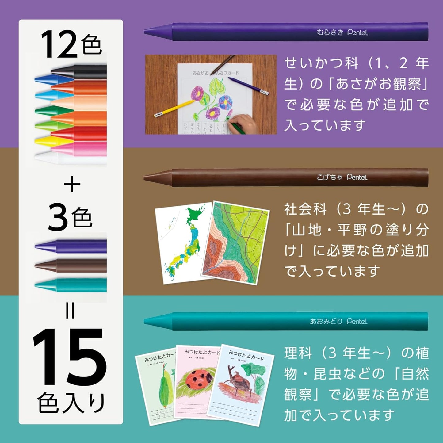 Pentel GCG1-12P3 Elementary School Colored Pencils, 12 Colors + 3 Colors