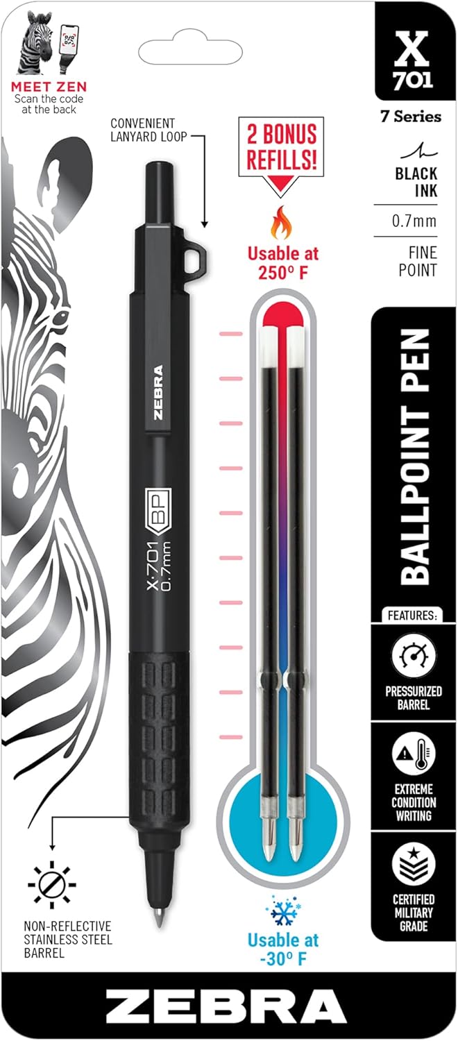 ZEBRA X-701 Tactical Ballpoint Pen And Refills, Fine Point, 0.7mm, Black Ink, 1 Pen And 2 Refills (Pack of 1)