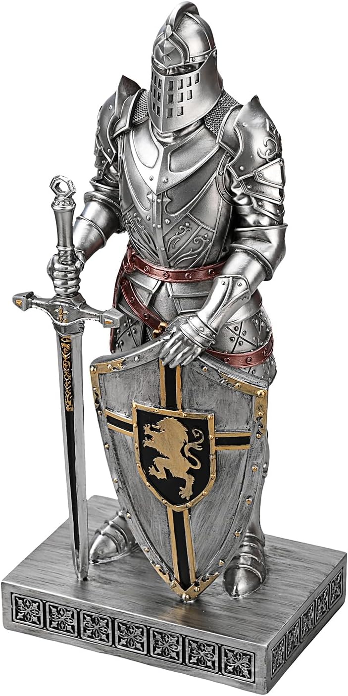 HDMbigmi King's Guard Knight with Shield Desktop Accessories Statue Medieval Knight Ornament Paperweight for Office and Home Top Collection as Gift 12.60 Inch (Silver)