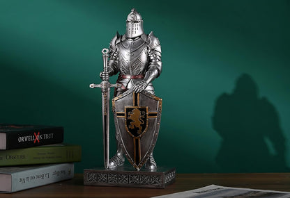 HDMbigmi King's Guard Knight with Shield Desktop Accessories Statue Medieval Knight Ornament Paperweight for Office and Home Top Collection as Gift 12.60 Inch (Silver)