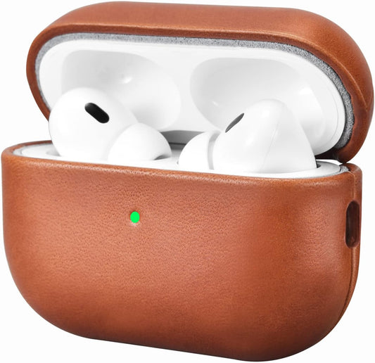 ICARERFAMILY Leather Case for AirPods Pro 2 (2022), Genuine Leather Shockproof Protective Cover for AirPods Pro 2 Earphones Charging Case (LED Visible) Support Wireless Charger Brown