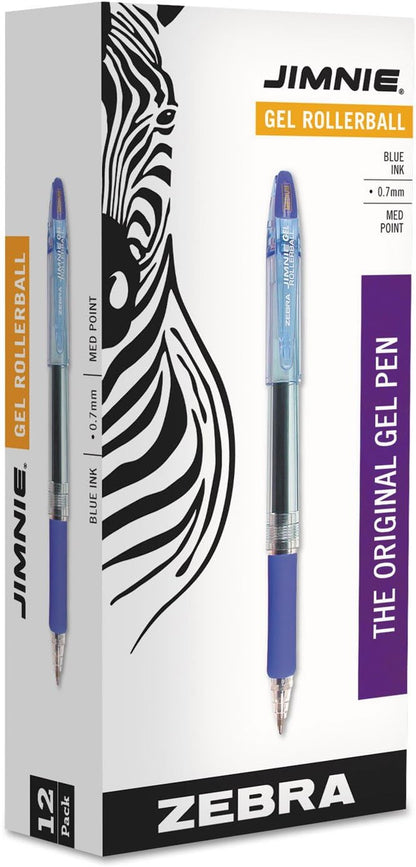 ZEBRA 44120 Jimnie Roller Ball Stick Gel Pen, Blue Ink, Medium, Dozen