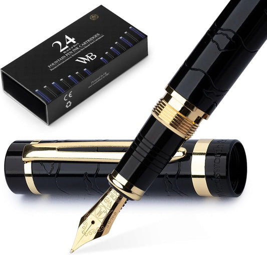 Wordsworth & Black Primori Fountain Pen Set [Black Gold]; Medium Nib, Gift Case, 24 Ink Cartridges, Refill Converter, Manual; Journaling, Calligraphy, Smooth Writing Pens; Left & Right Handed, main image