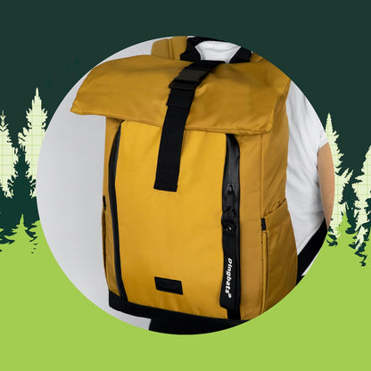 Dingbats 25L Backpack, Made of Recycled PET Bottles, Padded Straps, 15" Laptop Backpack, Vegan Leather Bottom, Desert Mustard