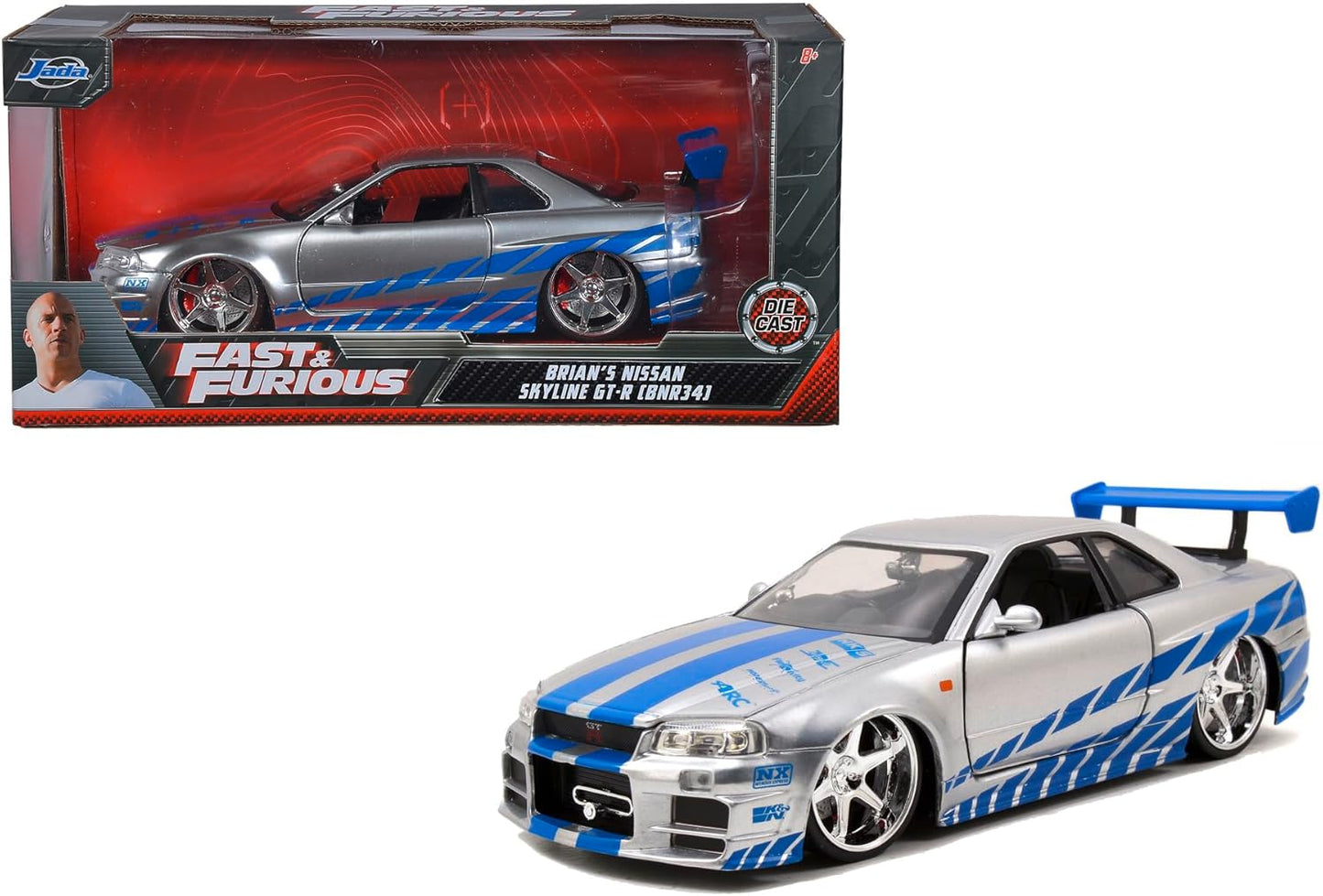 Jada Toys Fast & Furious Brian???s 2002 Nissan Skyline R34 Die-cast Car, 1:24 Scale, Silver & Blue