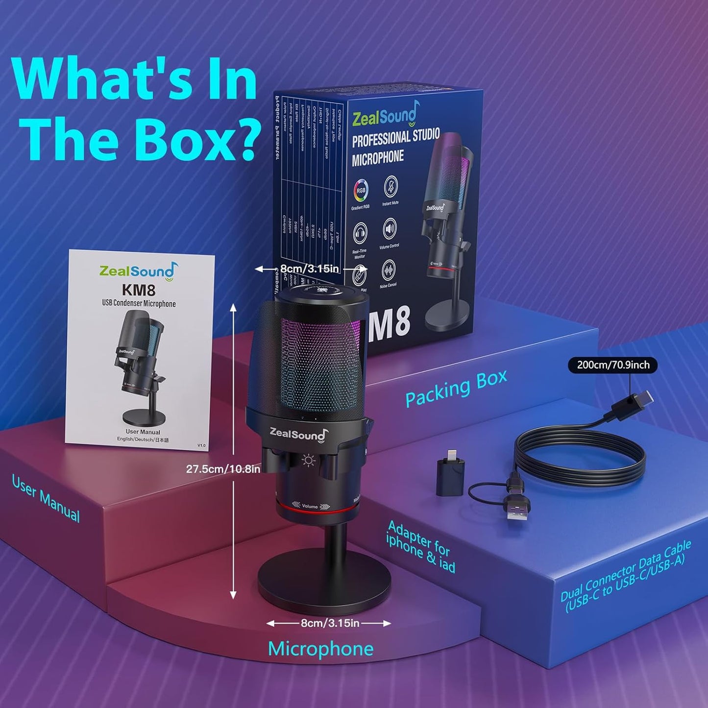 ZealSound Gaming USB Microphone,Noise Cancellation Condenser mic with RGB Light,Touch Mute,Gain,Monitoring for Streaming,Podcast,Twitch,YouTube,Discord,iPhone,iPad,PC,Computer,PS4,PS5,Mac,GamerWave