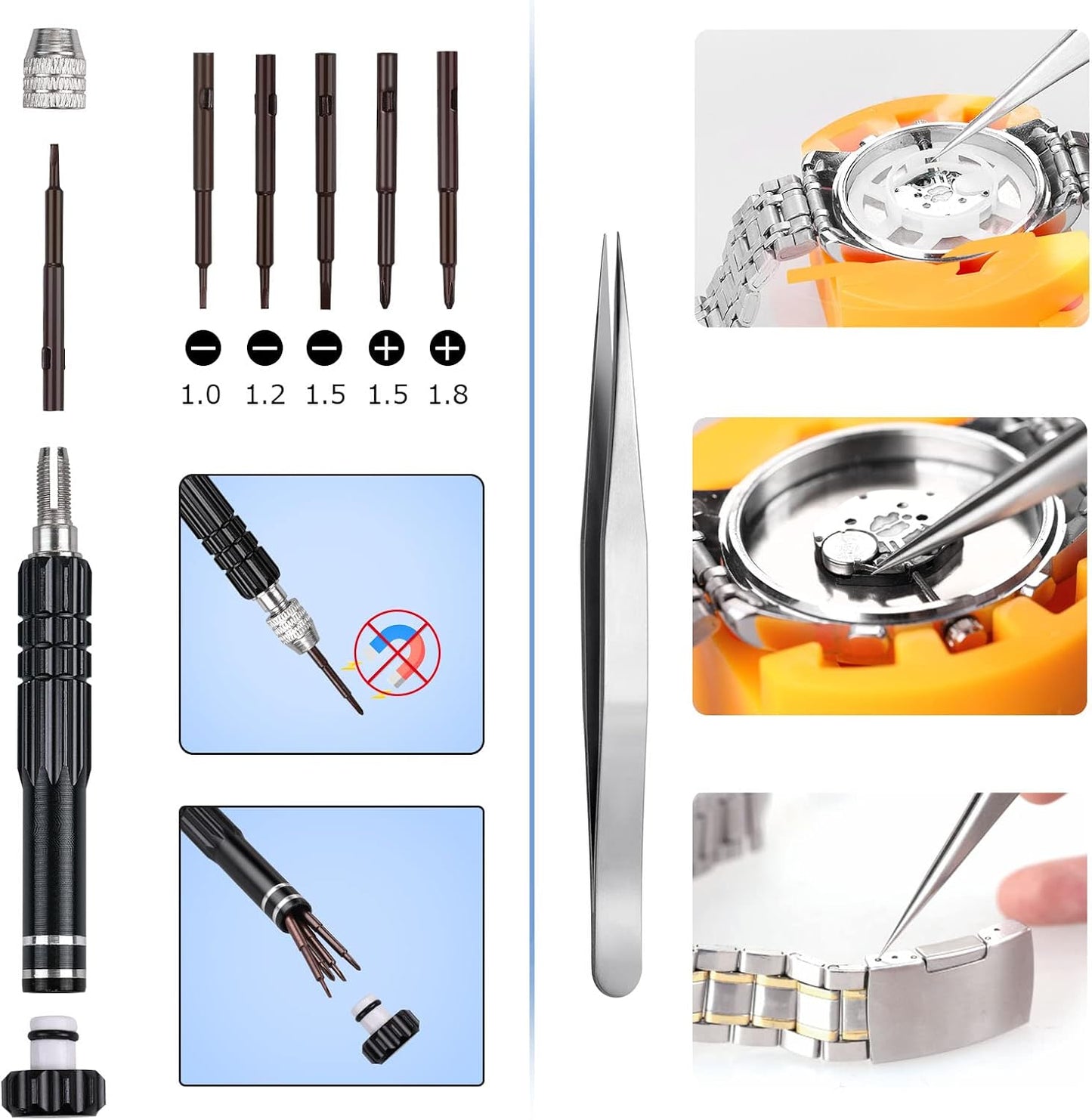 JOREST Watch Battery Replacement Kit, Watch Repair Screwdriver, Watch Band Replacement tool, Watch Wrench Back Remover, Watch Case Opener, Watch Back Remover Holder, Spring bar, Tweezers