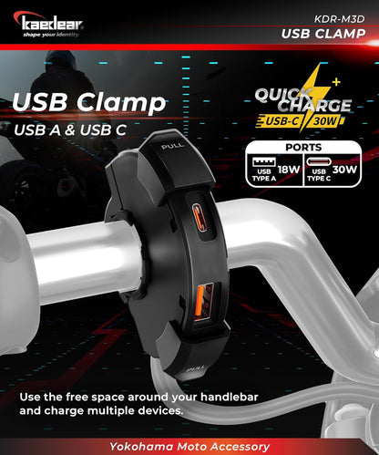 Kaedear KDR-M3D Motorcycle, USB Power Supply, USB Waterproof, Charging, Type A, Type C, 2 Ports, Output PD(30W) + QC3.0 (18W) SAE DC 12V