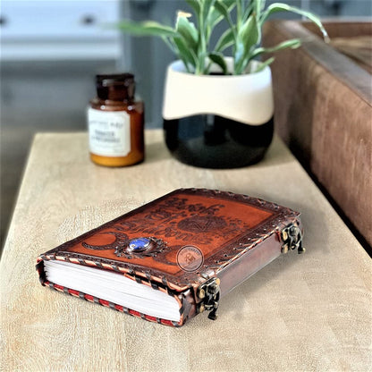 Egyptian Landscap Animal Flag Notebook Fabric Hardcover, Fully Customized Handmade Vintage Genuine Leather Journal, Embossed Celtic Pentagram, Book of Shadows (BOS) Notebook, Daily Notepad, Diary, Scrapbook, Gift for Men and Women, Brown, 9x7 Inches