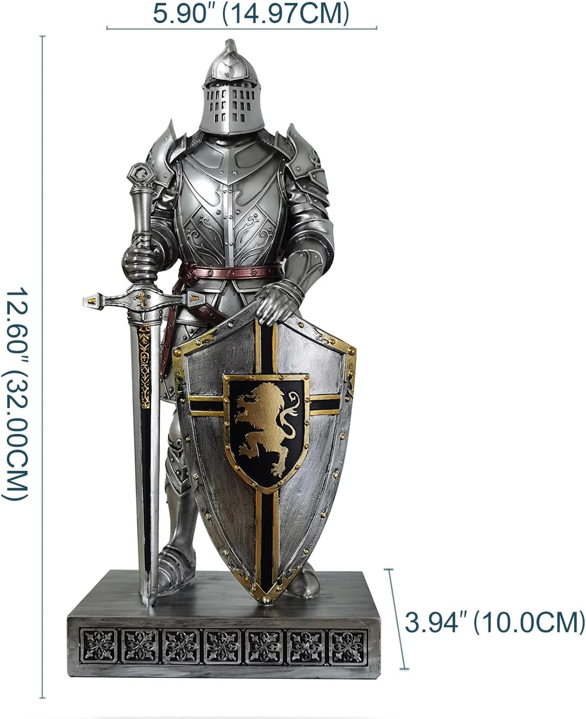 HDMbigmi King's Guard Knight with Shield Desktop Accessories Statue Medieval Knight Ornament Paperweight for Office and Home Top Collection as Gift 12.60 Inch (Silver)