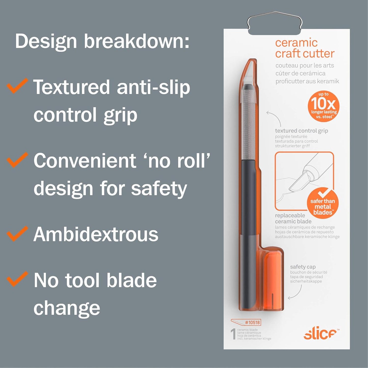 Slice 10518 Craft Knife, Finger-Friendly Edge, Safer Choice, Never Rusts, Lasts 11x Longer Than Steel, Precision Cutting (1 Pack)
