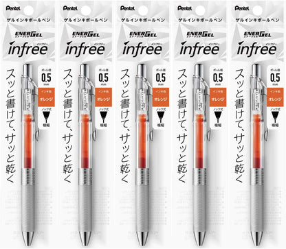Pentel XBLN75TL-F Gel Ink Ballpoint Pen, ENERGEL IN FREE 0.5 Orange, 5 Count