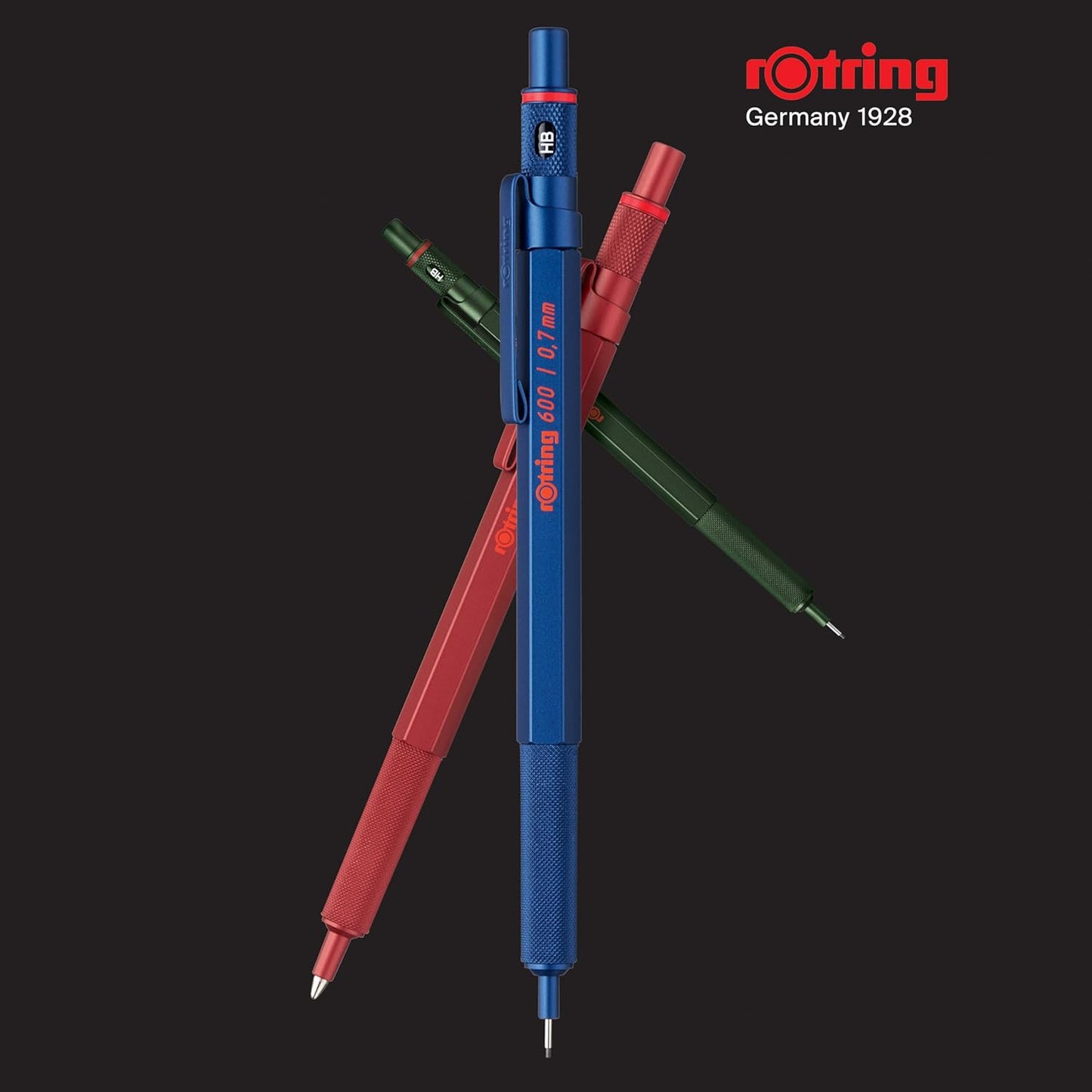 Three pens in red, blue, and green with 'rotring' branding on a black background.