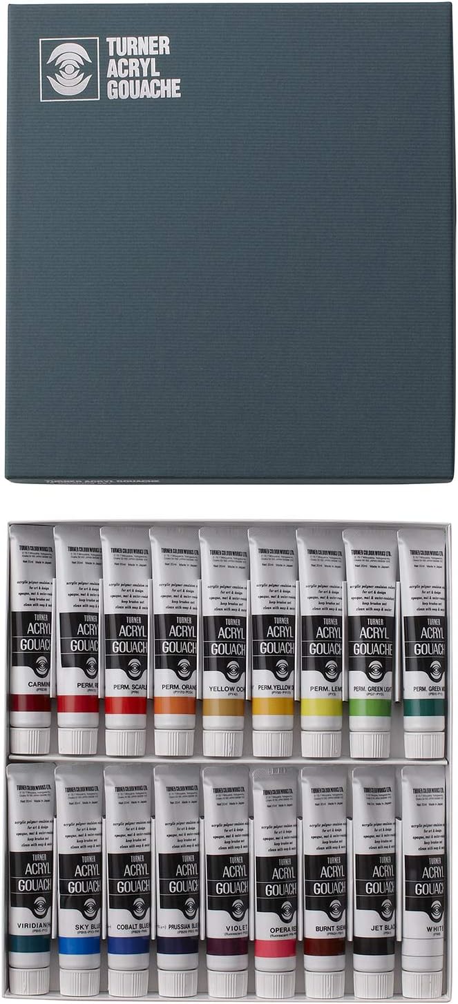 Turner Acrylic Paint Set Artist Acryl Gouache - Super Concentrated Vibrant Acrylics, Fast Drying, Velvety Matte Finish - [Set of 18 | 20 ml Tubes]