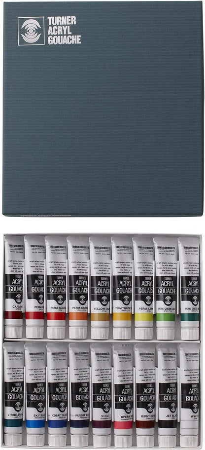 Turner Acrylic Paint Set Artist Acryl Gouache - Super Concentrated Vibrant Acrylics, Fast Drying, Velvety Matte Finish - [Set of 18 | 20 ml Tubes]
