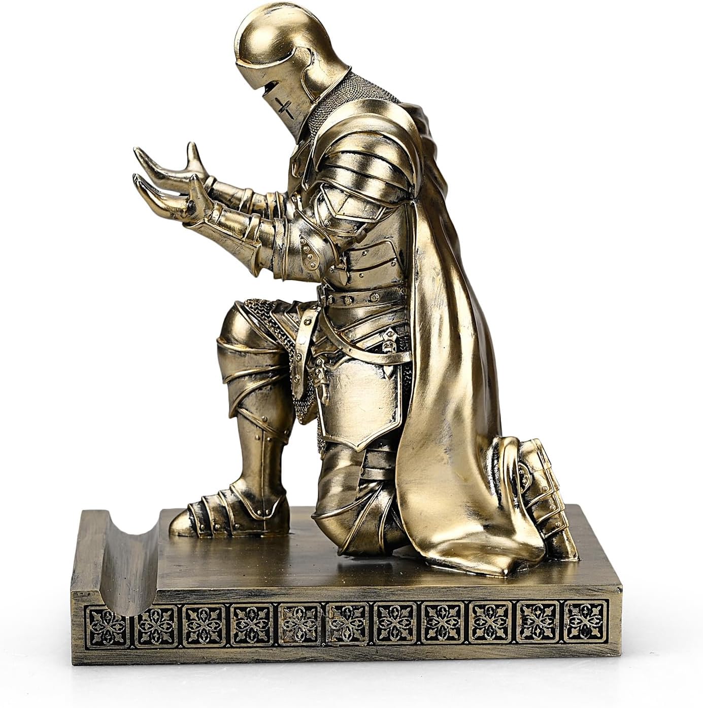 HDMbigmi King's Guard Leader Cloak Warrior Knight Pen Holder Mobile Phone Stand, Ornament Knight Statue, Pen Stand Paperweight with a Metal Sword Letter Opener for Office and Home (Bronze)