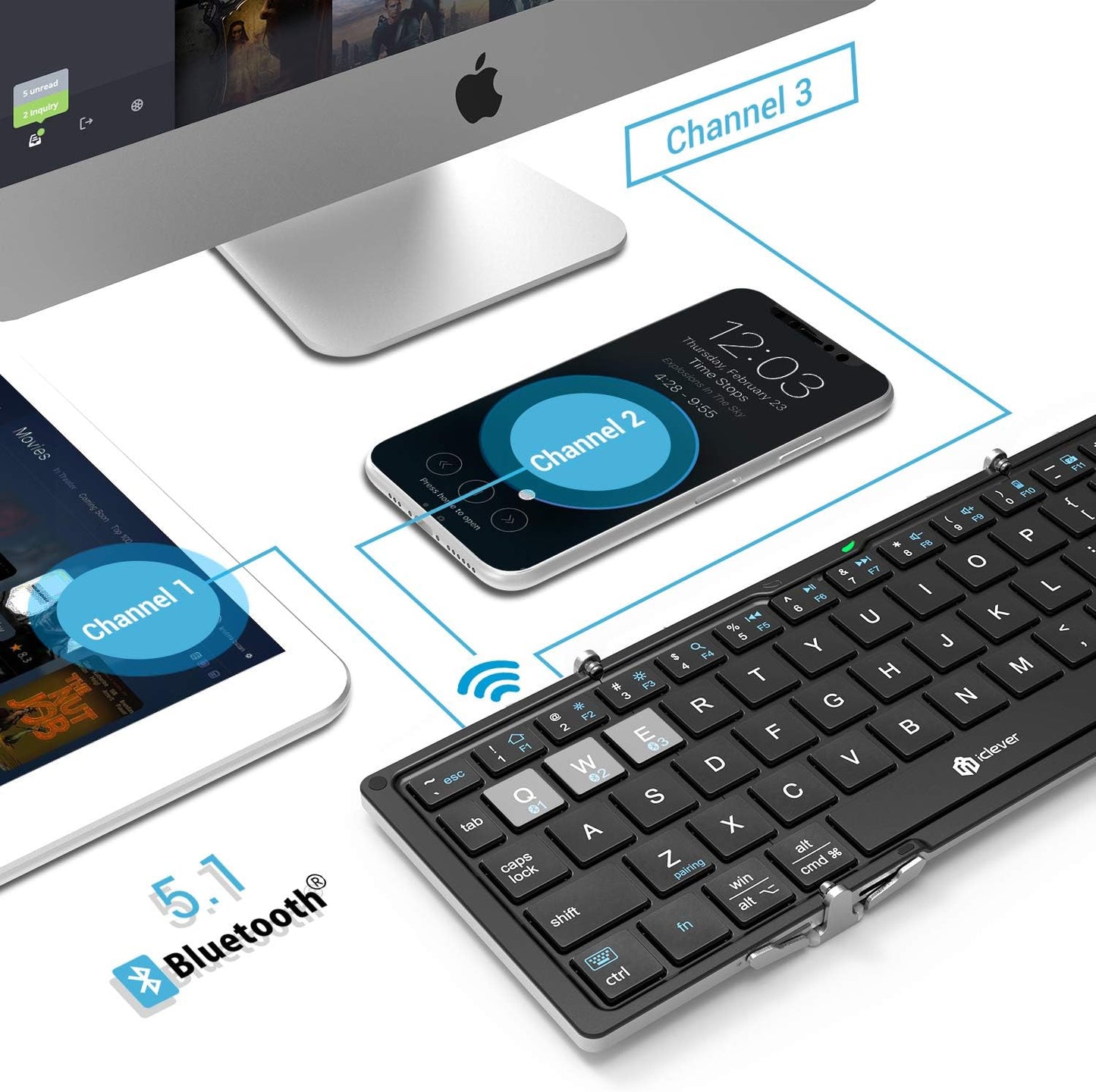 iClever Foldable Bluetooth Keyboard, Ultra-Slim Metal Keyboard with USB-C Charging, Tri-Folding Design for Laptop, iPad, iPhone, Tablet - Sync 3 Devices, Portable & Space-Saving