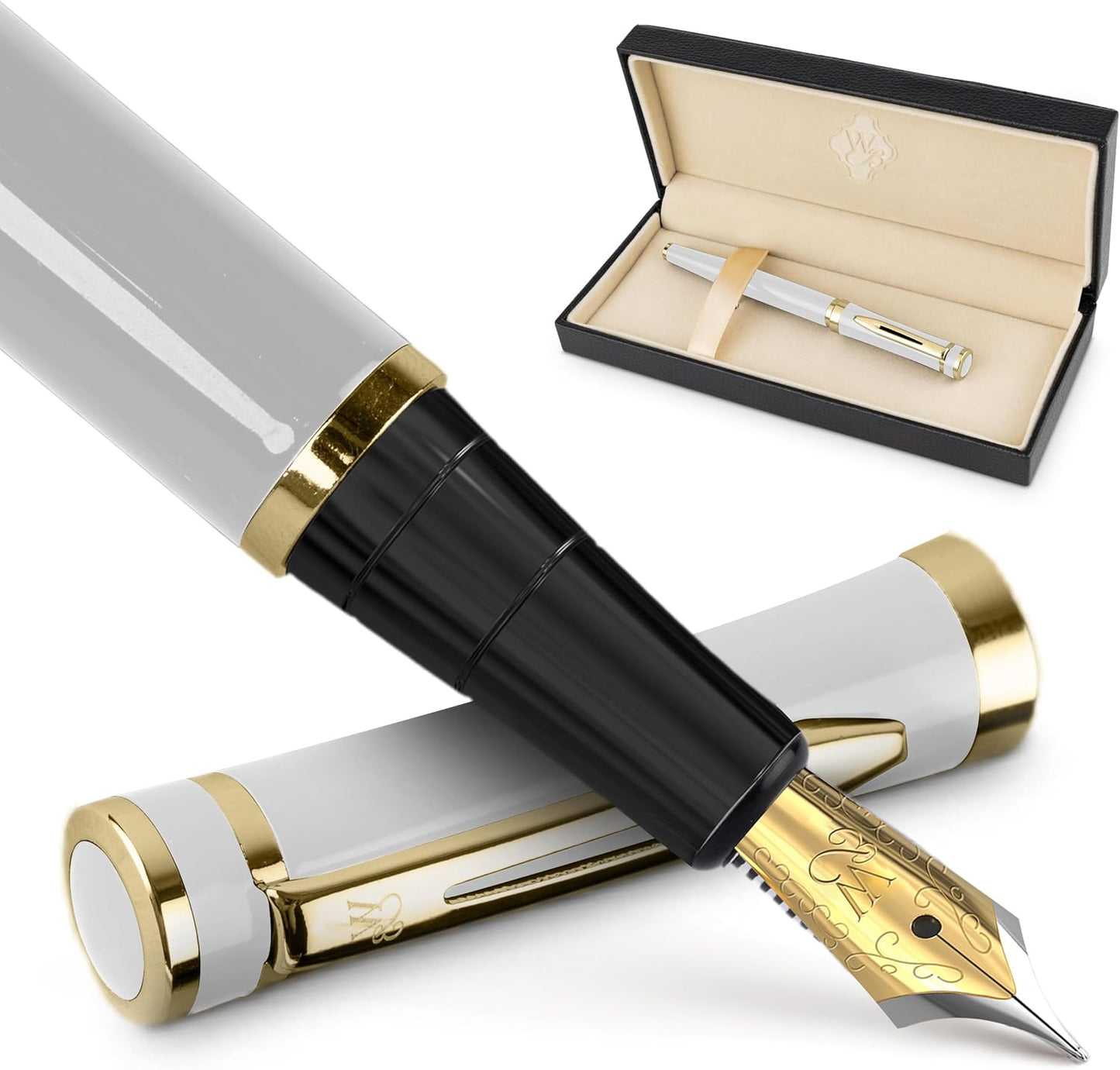 Wordsworth Fountain Pen Set, Medium Nib, Includes 6 Ink Cartridges and Ink Refill Converter, Gift Case, Journaling, Calligraphy, Smooth Writing Pens [White Gold], Perfect for Men and Women