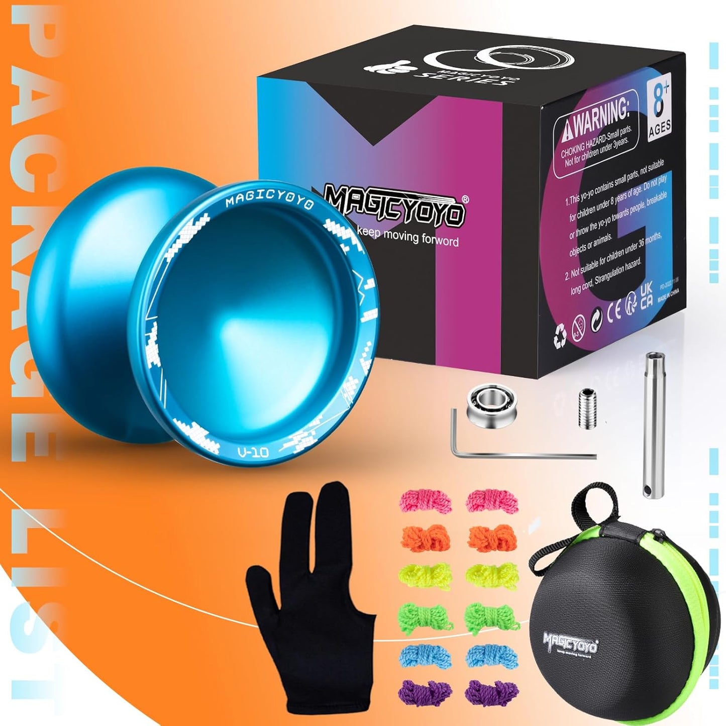 MAGICYOYO V10 Finger Spin Yoyo Professional Metal Trick Yoyo Responsive & Unresponsive Dual Purpose Yo Yo with Storage Case + Yo Yo Glove +12 Strings(Blue)