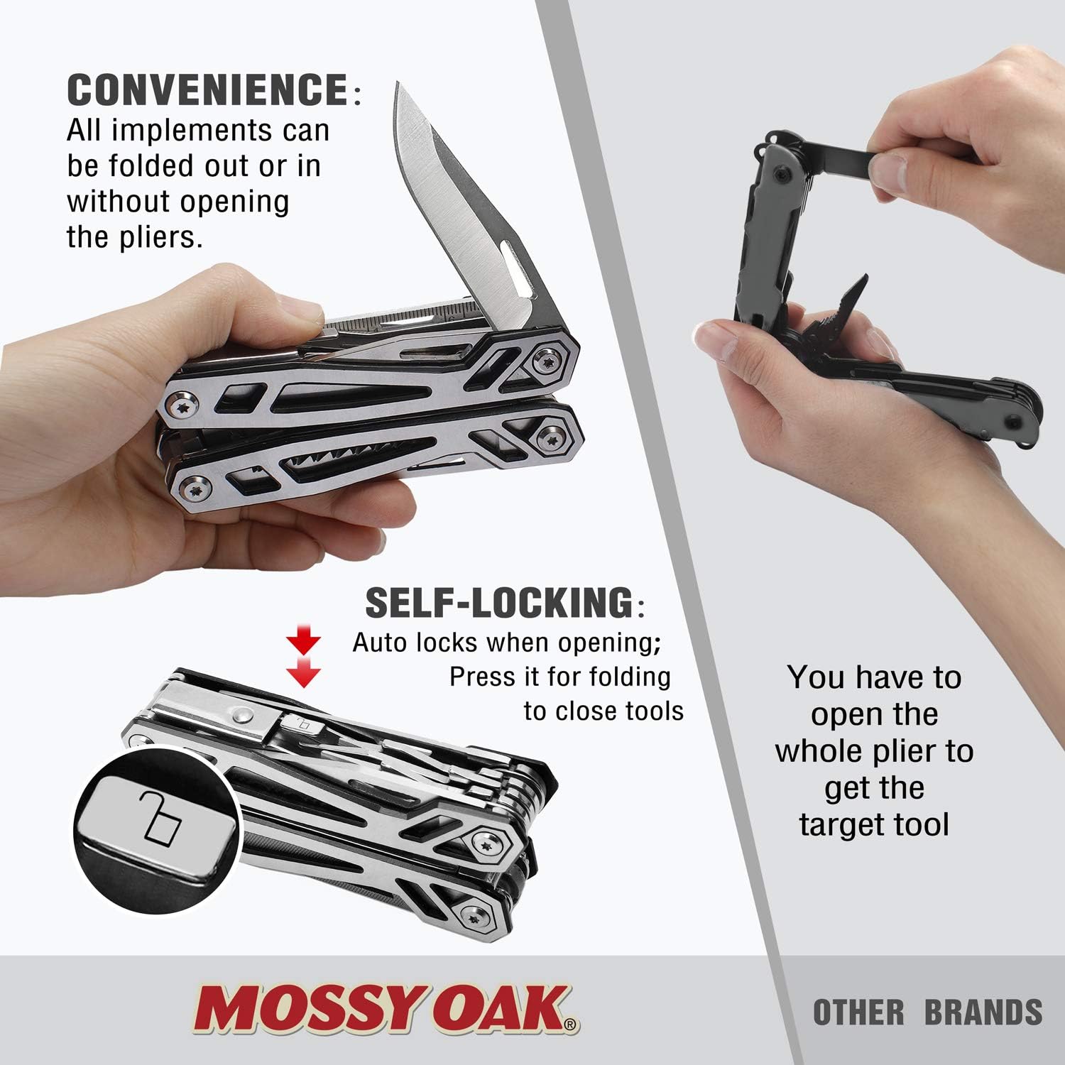 Multitool with pliers and knife, showing self-locking feature and Mossy Oak branding.