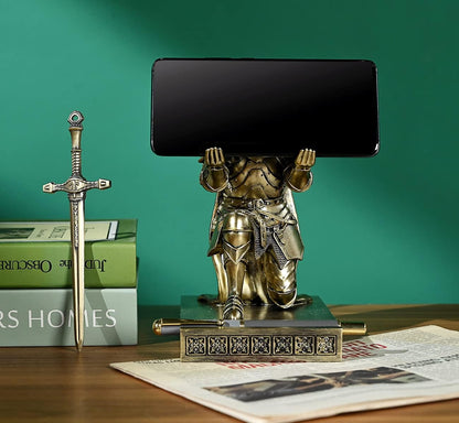 HDMbigmi King's Guard Leader Cloak Warrior Knight Pen Holder Mobile Phone Stand, Ornament Knight Statue, Pen Stand Paperweight with a Metal Sword Letter Opener for Office and Home (Bronze)
