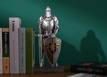 HDMbigmi King's Guard Knight with Shield Desktop Accessories Statue Medieval Knight Ornament Paperweight for Office and Home Top Collection as Gift 12.60 Inch (Silver)