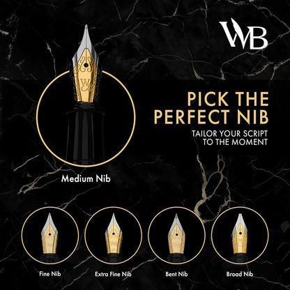 Wordsworth & Black Fountain Pen Set, Medium Nib, Includes 24 Ink Cartridges and Ink Refill Converter, Gift Case, Journaling, Calligraphy, Smooth Writing Pens [Black Gold], Perfect for Men and Women front view