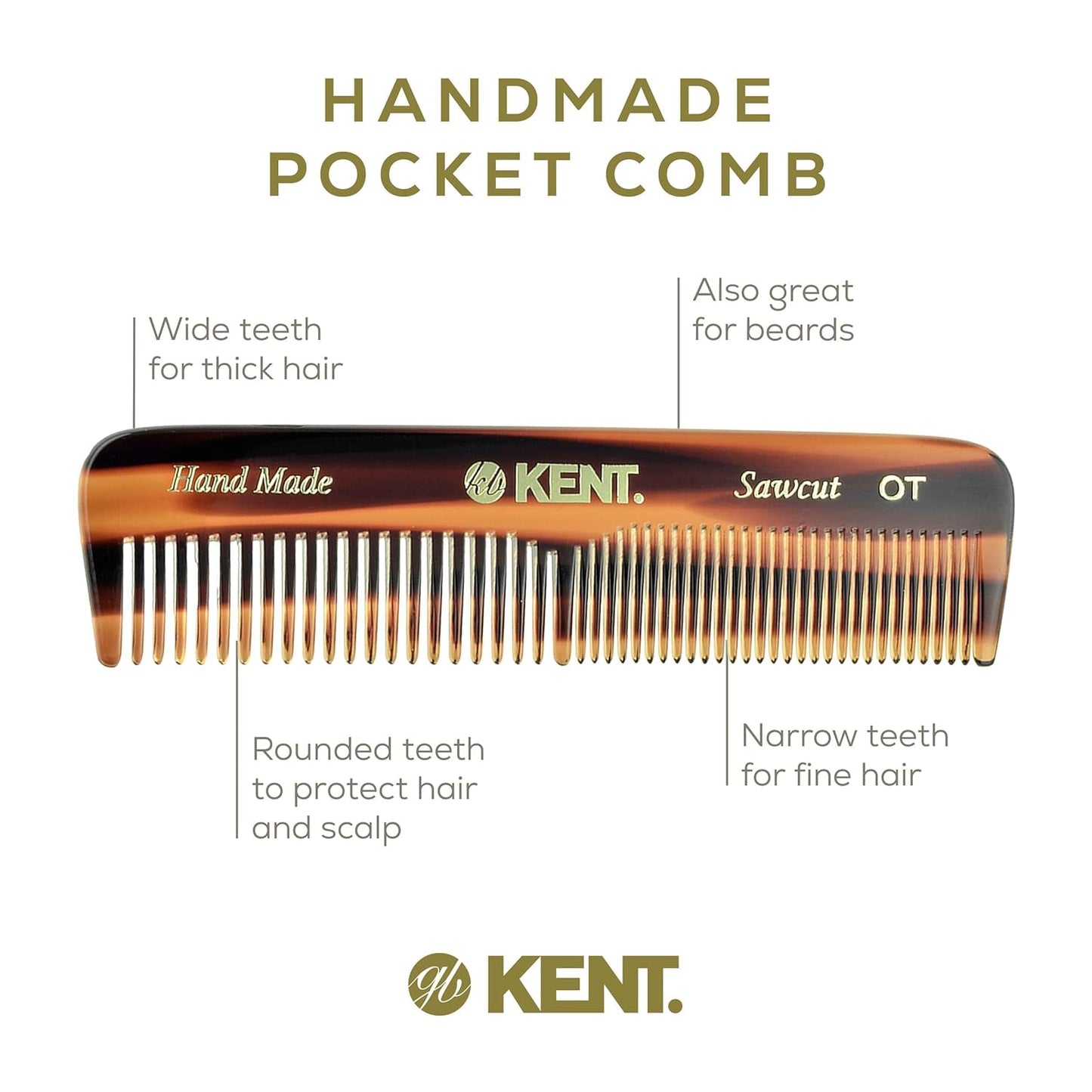 Kent OT 4.4" Pocket Comb ??? Fine & Wide Tooth Handmade Comb for Hair, Beard, Mustache. Ideal for Travel. Saw Cut and Hand Polished.