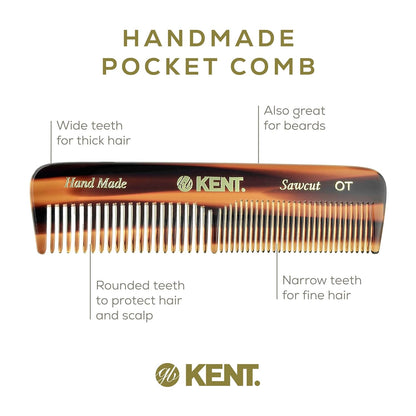 Kent OT 4.4" Pocket Comb ??? Fine & Wide Tooth Handmade Comb for Hair, Beard, Mustache. Ideal for Travel. Saw Cut and Hand Polished.