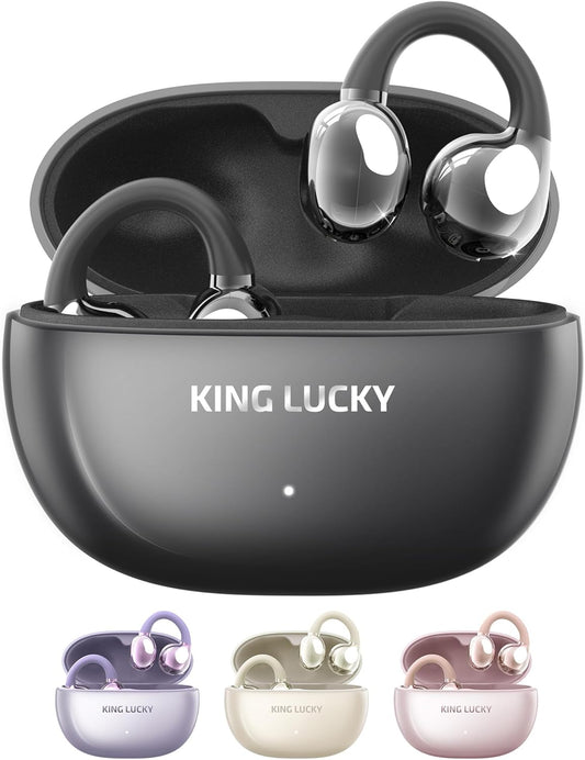 King Lucky Clip on Earbuds Open Ear Wireless Bluetooth 5.4 Headphones with Mic,50H Play,Noise Cancelling,Waterproof,Sports Ear Buds,Comfortable for Small Ears & Glasses Wearers,Workouts (Black)