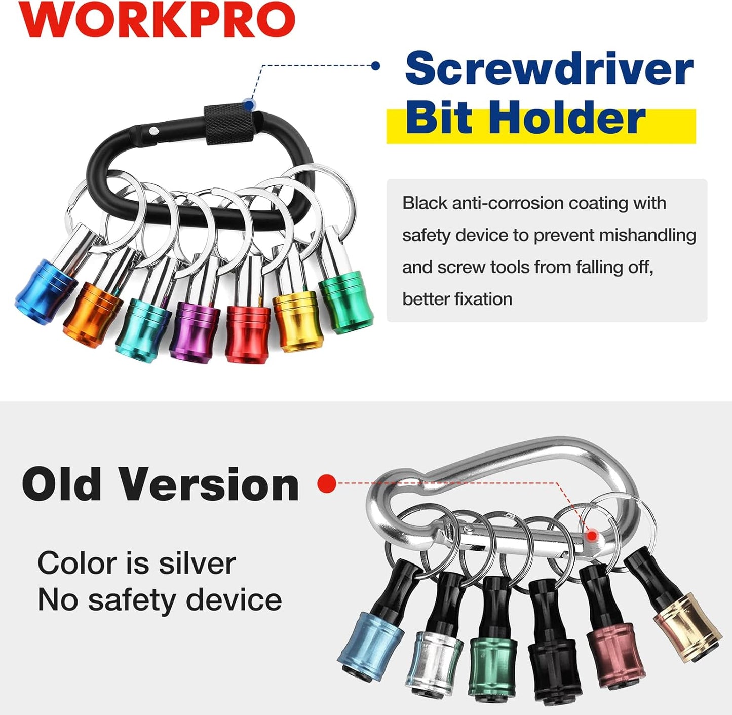 WORKPRO 1/4 inch Hex Shank Bit Holder, 7pcs Quick Release Drill Bit Holder Keychain for Impact Driver, Portable Screwdriver Bits Holder, Aluminum Alloy, Color Coded