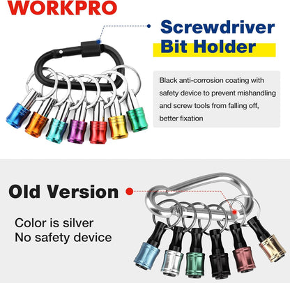 WORKPRO 1/4 inch Hex Shank Bit Holder, 7pcs Quick Release Drill Bit Holder Keychain for Impact Driver, Portable Screwdriver Bits Holder, Aluminum Alloy, Color Coded