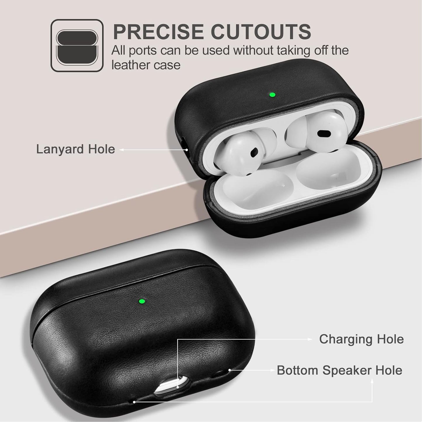 ICARERFAMILY Leather Case for AirPods Pro 2 (2022), Genuine Leather Shockproof Protective Cover for AirPods Pro 2 Earphones Charging Case (LED Visible) Support Wireless Charger Black