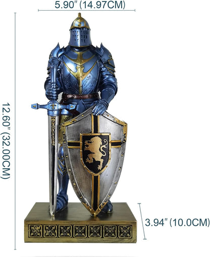 HDMbigmi King's Guard Knight with Shield Desktop Accessories Statue Medieval Knight Ornament Paperweight for Office and Home Top Collection as Gift 12.60 Inch (Blue)