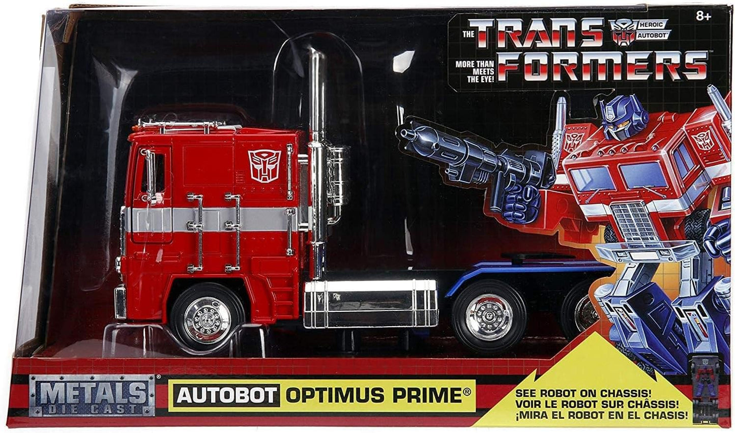 Jada Toys Transformers G1 Optimus Prime Truck with Robot on Chassis Die-cast Car,Red, 1: 24 Scale