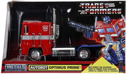 Jada Toys Transformers G1 Optimus Prime Truck with Robot on Chassis Die-cast Car,Red, 1: 24 Scale