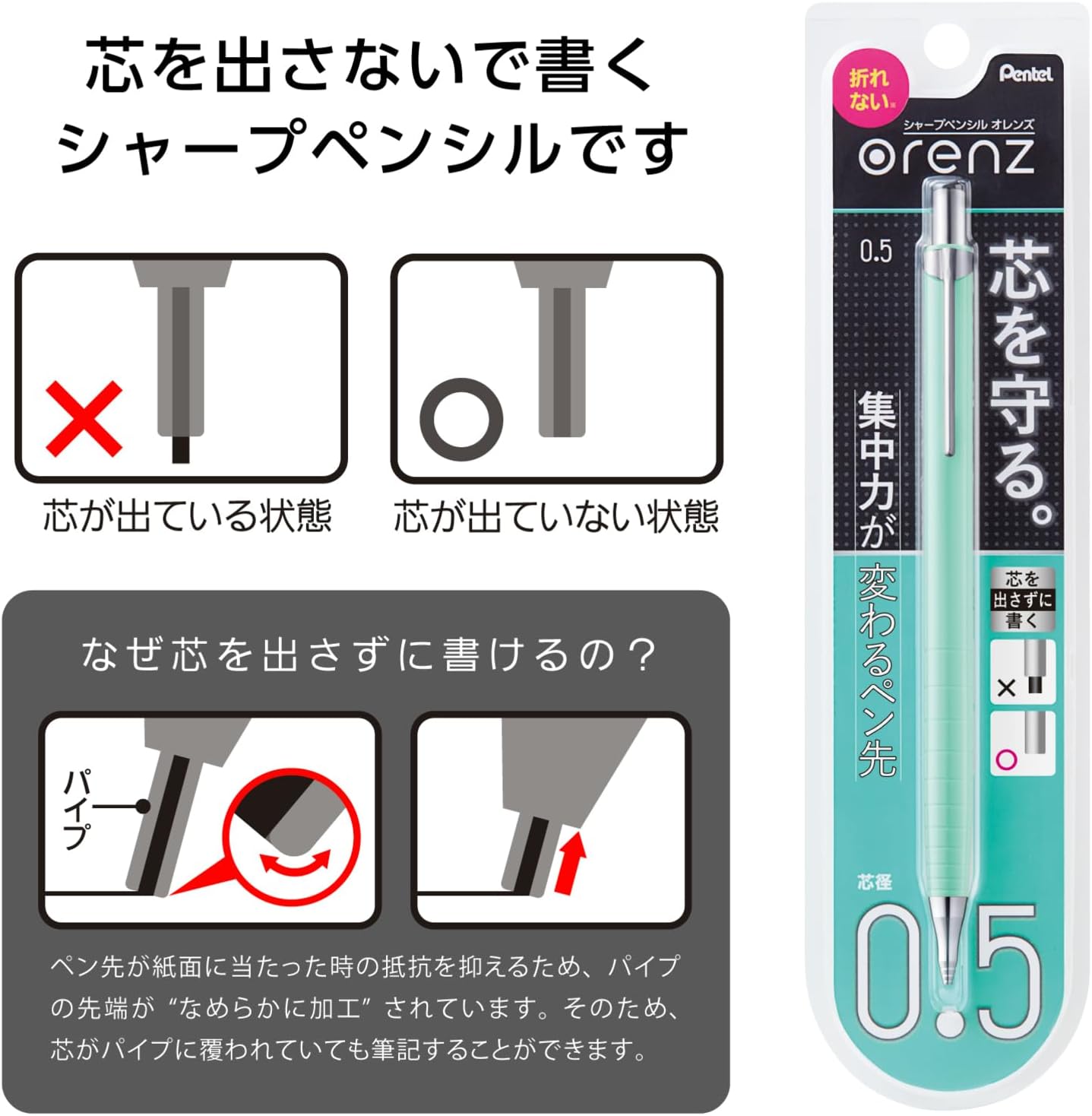 Pentel Core Not Break Mechanical Pencil, Mint green (XPP505-GD)