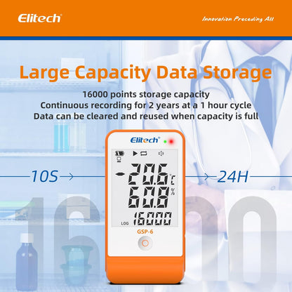 Elitech Digital Temperature Humidity Data Logger Pharmacy DDL with Calibration Certificate to auditor, Refrigerator Thermometer Vaccine Fridge Temperature Monitor Max Min Value GSP-6