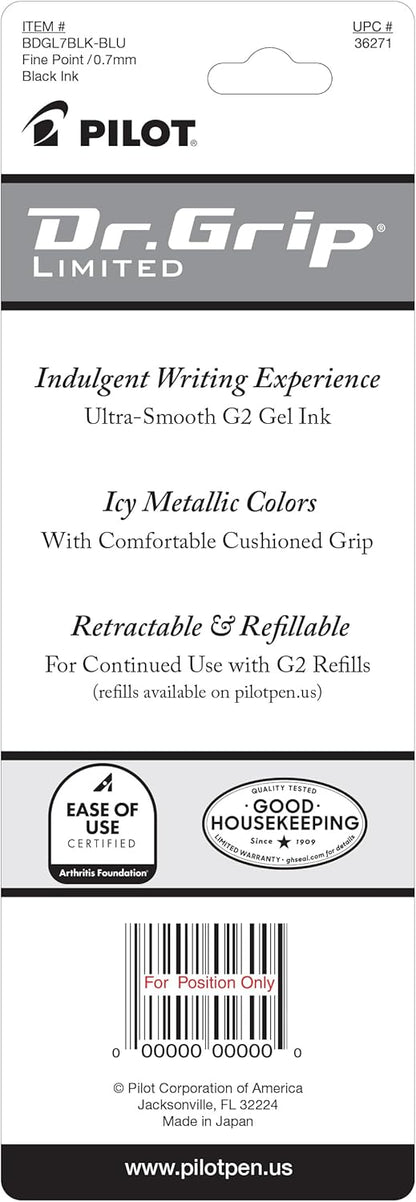 PILOT Dr. Grip Limited Refillable & Retractable Gel Ink Rolling Ball Pen, Fine Point, Metallic Ice Blue Barrel, Black Ink, Single Pen (36271)