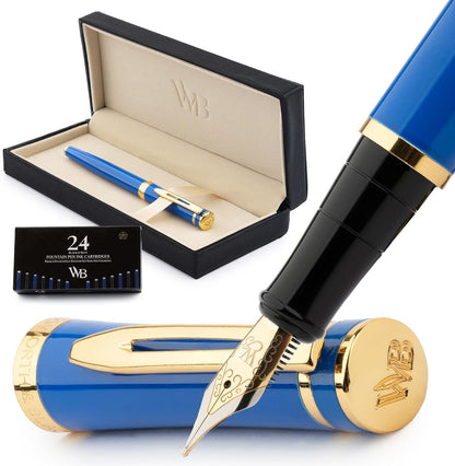 Wordsworth & Black Fountain Pen Set, 18K Gilded Medium Nib, Includes 24 Pack Ink Cartridges, Ink Refill Converter & Gift Box, Gold Finish, Calligraphy, [Imperial Blue], Perfect for Men & Women, main image