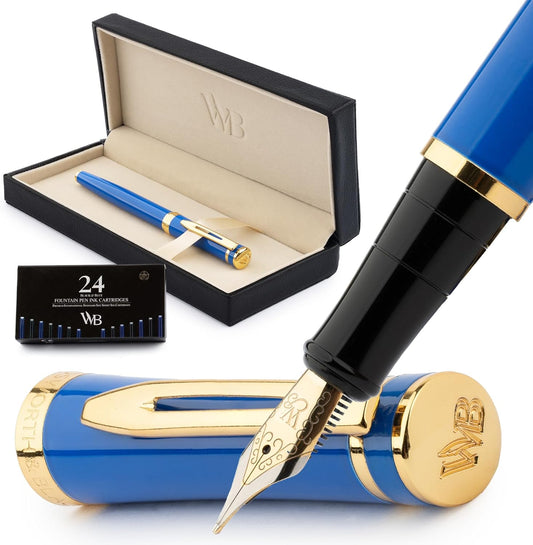 Wordsworth & Black Fountain Pen Set, 18K Gilded Medium Nib, Includes 24 Pack Ink Cartridges, Ink Refill Converter & Gift Box, Gold Finish, Calligraphy, [Imperial Blue], Perfect for Men & Women, main image