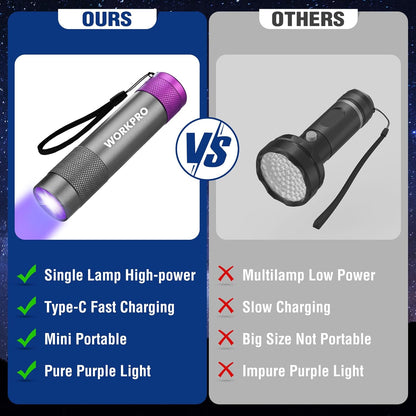 WORKPRO UV Flashlight Black Light, 365nm UV Rechargeable Flashlight, Small Portable Black Light for Pet Dog Urine, Stains Detection/Resin Curing/Fluorescent Agent