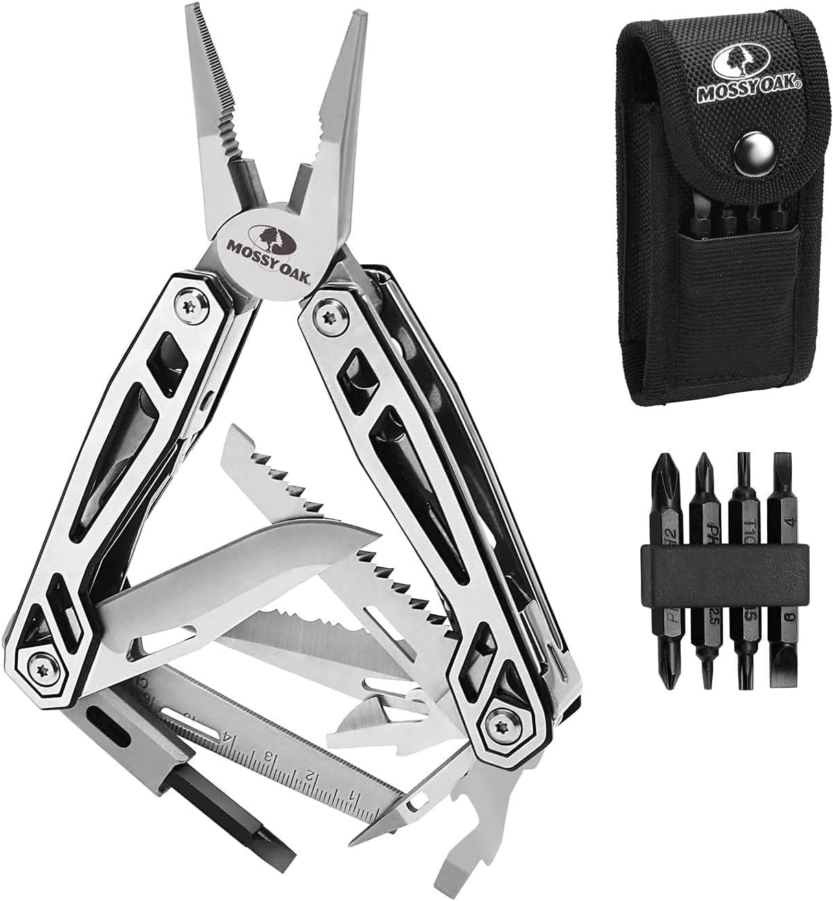 Multitool with various tools and a carrying case on a white background