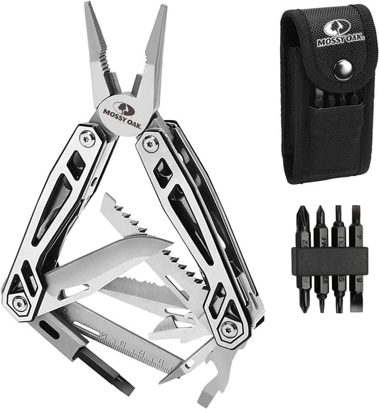 Multitool with various tools and a carrying case on a white background